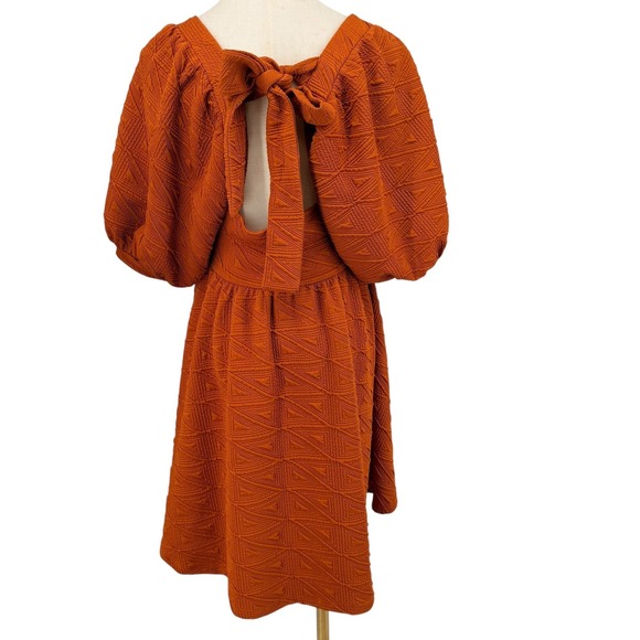 Free People Mini Dress Boho M Orange Textured Puff Sleeve Tie Back Square Neck - Picture 2 of 10